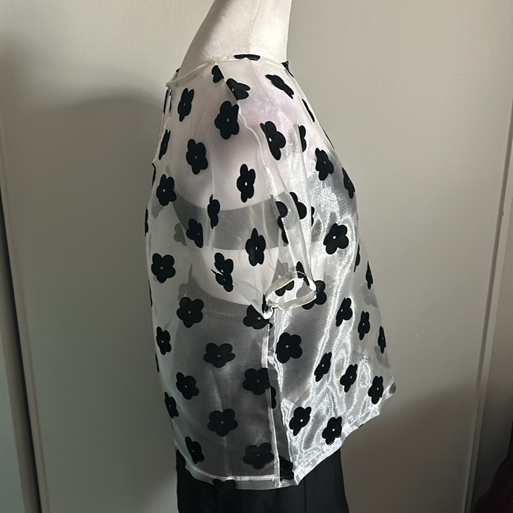 Nasty Gal Women’s Boxy Shimmering Sheer Felt Floral Appliqué Festival Summer Top - Picture 5 of 9